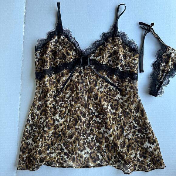Md Y2K VTG Victoria’s Secret Leopard Silk Cami & Thong Set Babydoll Eyelash Lace - Picture 9 of 10